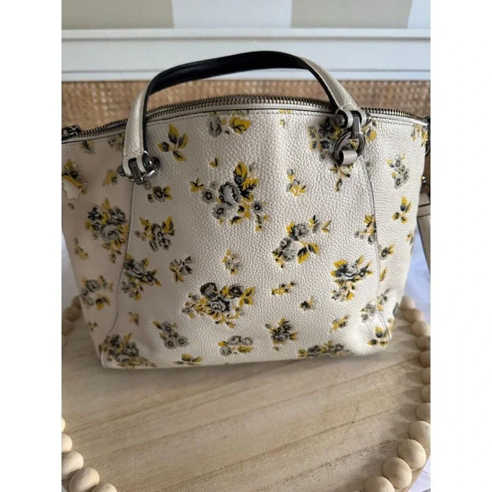 Coach Floral Pebbled Leather Top Handle Satchel Crossbody Cream 87109